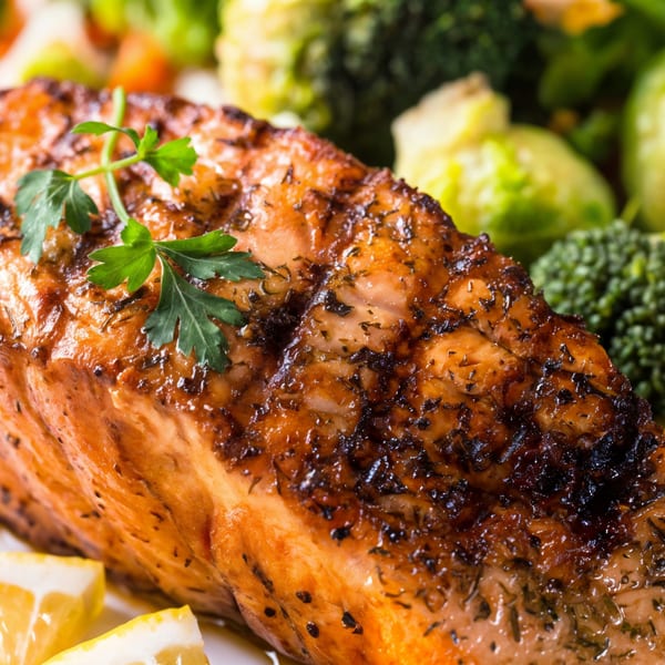 Close-up of Captain Brian's grilled salmon fillet with herbs, lemon wedges, and broccoli.