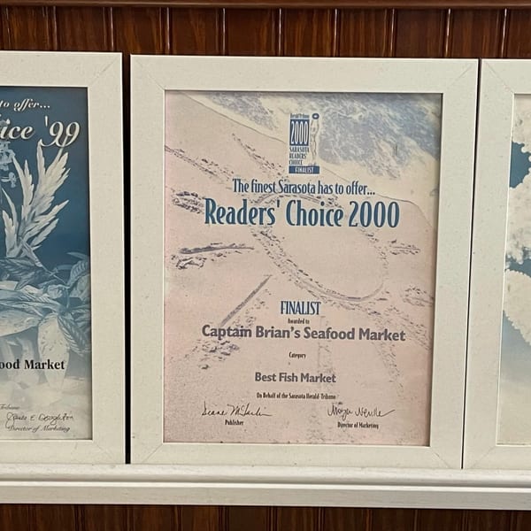 Framed "Readers' Choice 2000 Finalist" award for Captain Brian's Seafood Market, Best Fish Market.