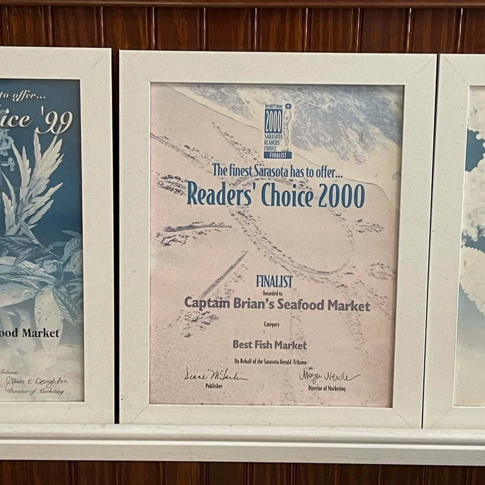 Framed "Readers' Choice 2000 Finalist" award for Captain Brian's Seafood Market, Best Fish Market.