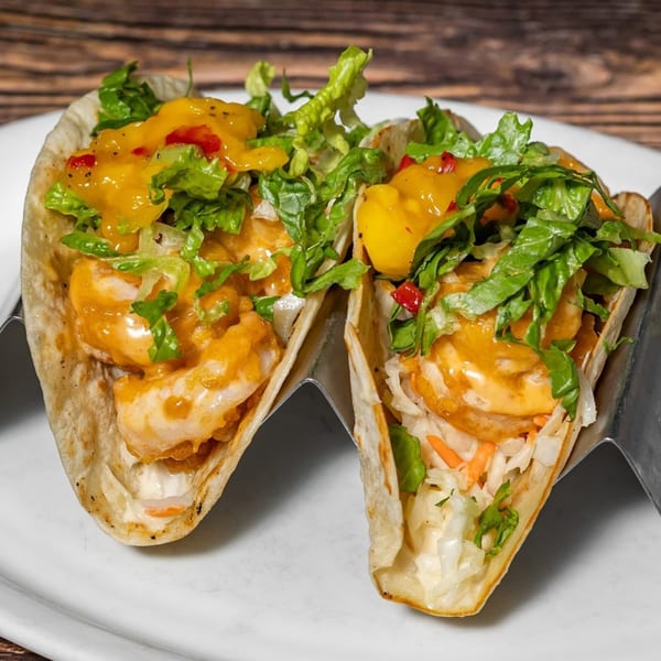 Two Captain Brian's shrimp tacos with lettuce, mango salsa, and sauce in a metal holder.