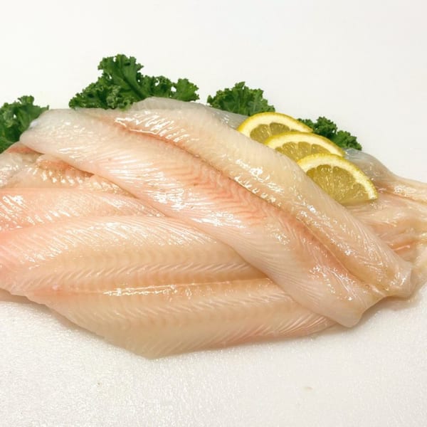 Fresh fish fillets with lemon slices and green leafy garnish on a white surface.